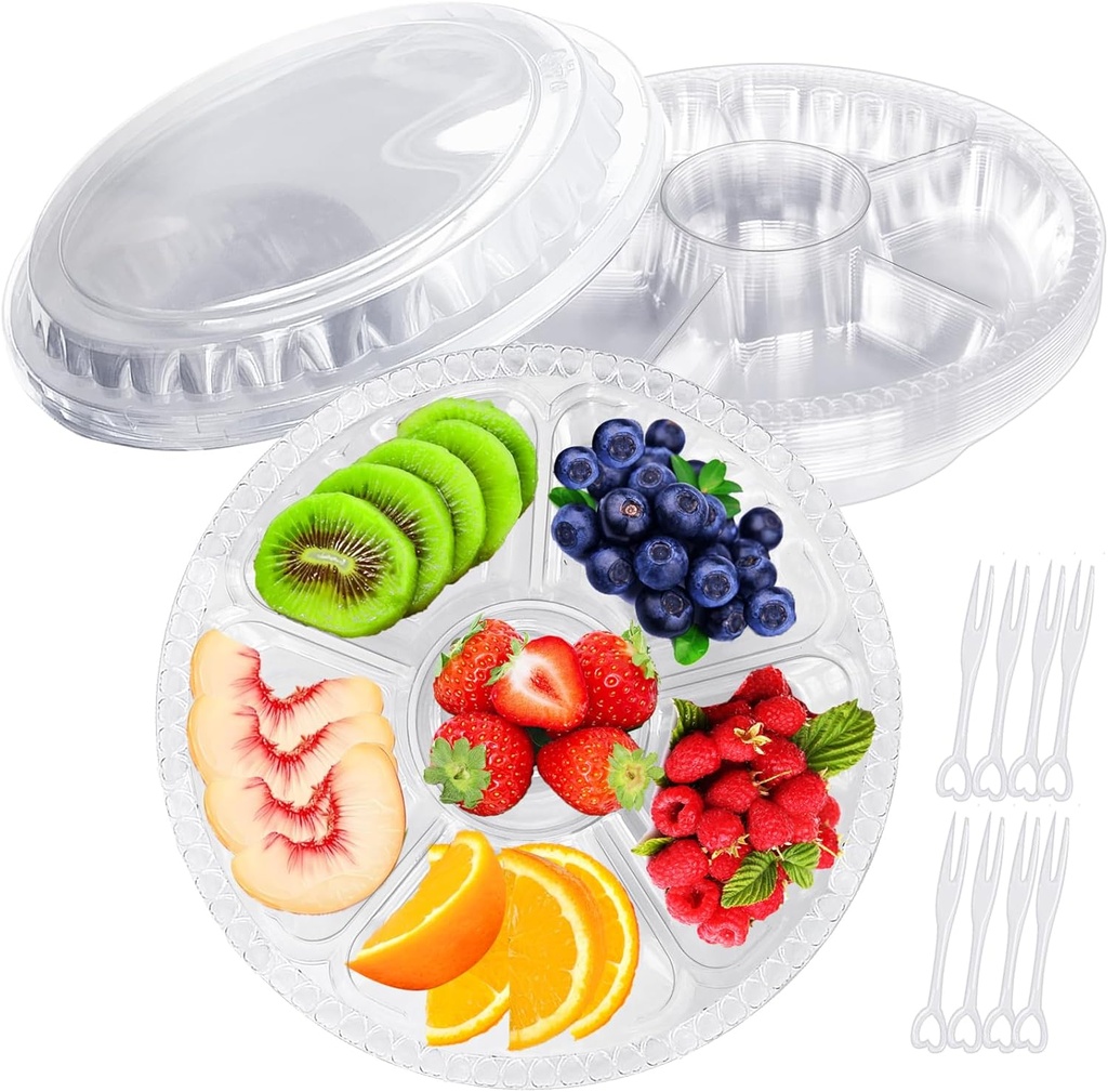 12 Pack Plastic Appetizer Trays with Lids,6 Compartment Serving Platters Tray with 100 Pcs Forks,Disposable 10 Inch Clear Round Fruit Storage Container for Snack,Food,Vegetable,Party Buffet Favors
