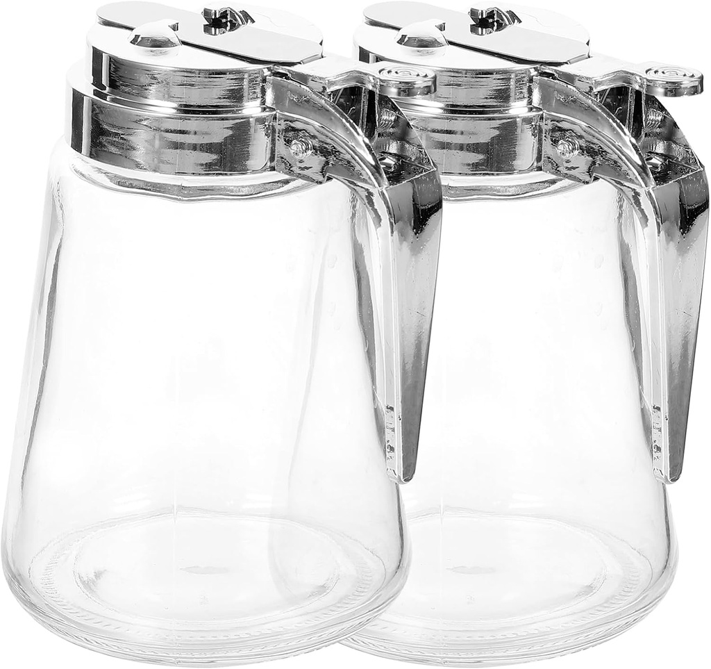 2Pcs Glass Syrup Dispenser Bottles with Handle for Honey, Creamer, Vinegar, Sugar, and Condiments - No Drip Design, 10Oz Capacity, Ideal for Kitchen Use