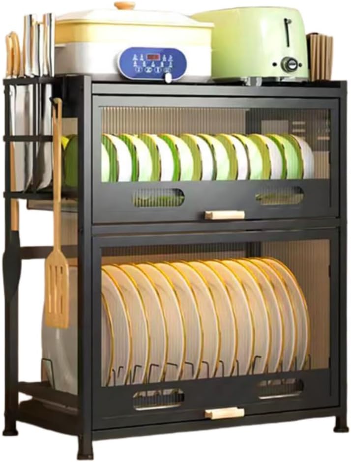 Multi-Layer Kitchen Countertop Dish Rack with Cabinet Doors, Multifunctional Bowl and Plate Organizer with Utensil Holder, Microwave Shelf(X-Large)