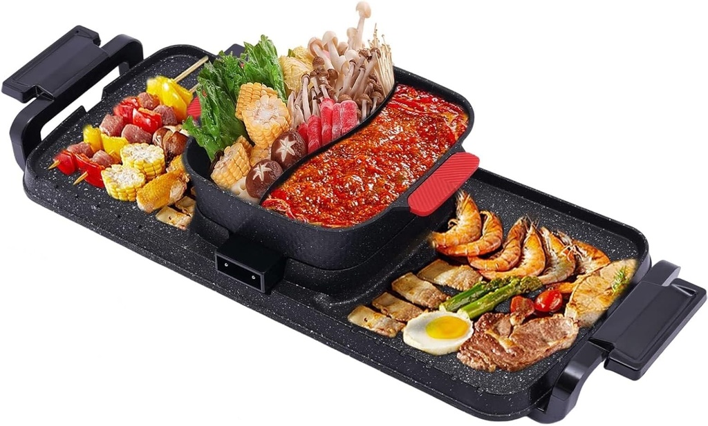 2-in-1 Electric Hot Pot with Grill, Dual Control Non-stick BBQ Pan & Shabu, Smokeless Indoor Korean BBQ, Fast Heating, Multi-functional