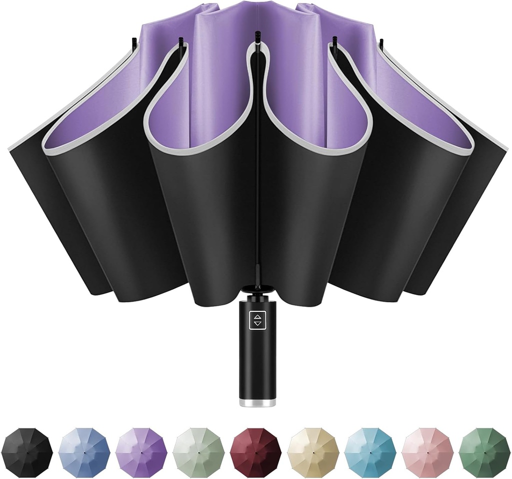 Yoobure Inverted Windproof Travel Umbrella - Automatic Umbrellas for Rain, Compact Folding with Reflective Stripe, Portable Large for Backpack, Lightweight with Sun UV Protection