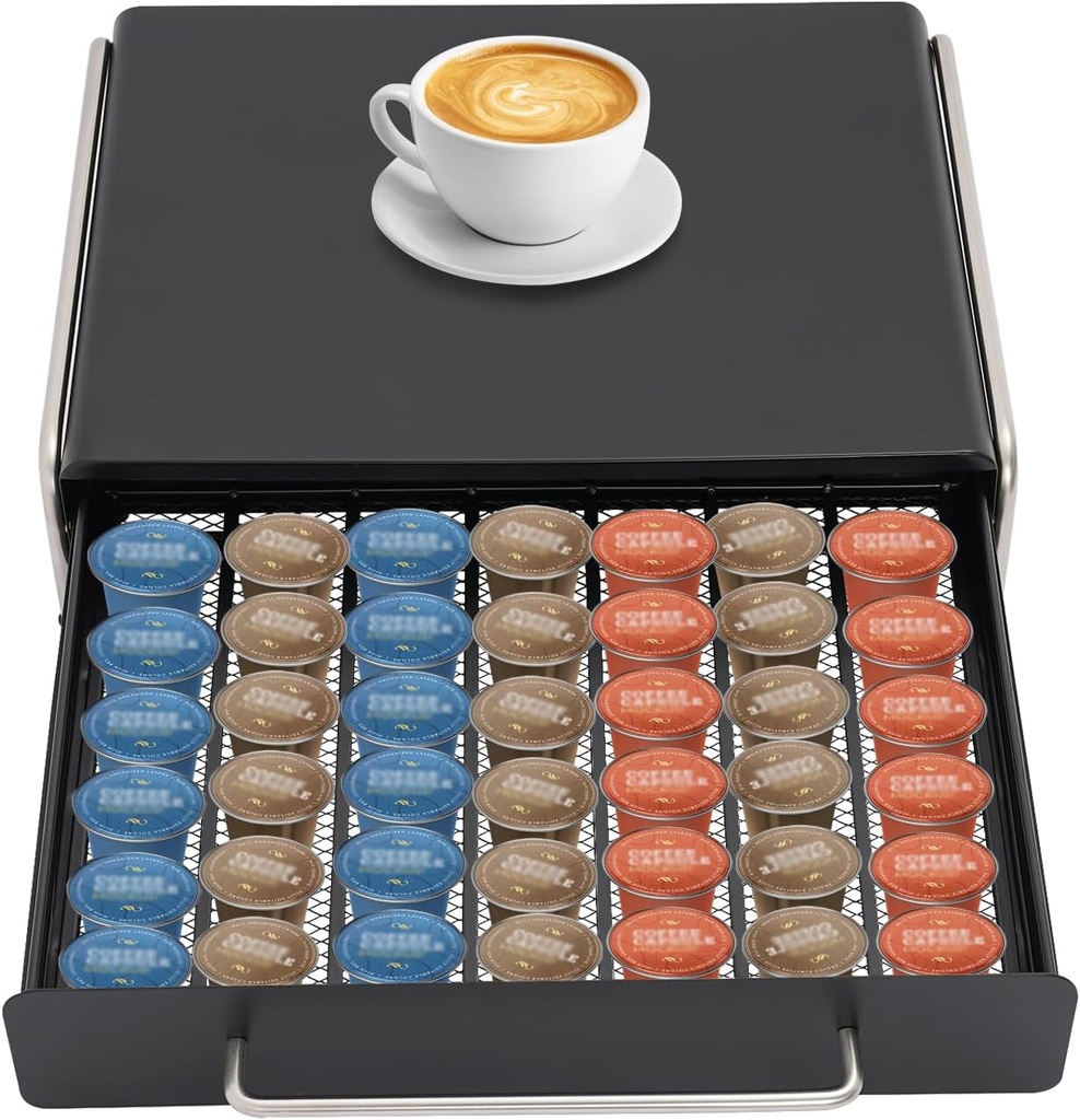 Coffee Pod Drawer, Carbon Steel Under Coffee Pot Storage and Sliding Drawer, Coffee Capsule Organizer Holds 35-40PCS Coffee Capsules, 44lbs Capacity for Office Home Kitchen (Black)