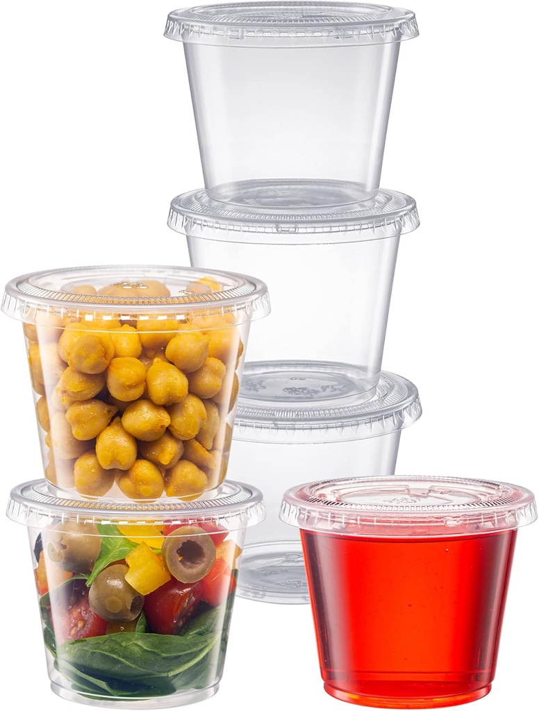 Pantry Value [5.5 oz. - 100 Count Clear Disposable Plastic Portion Cups with Lids - Small Plastic Condiment Containers for Sauce, Salad Dressings & Portion Control