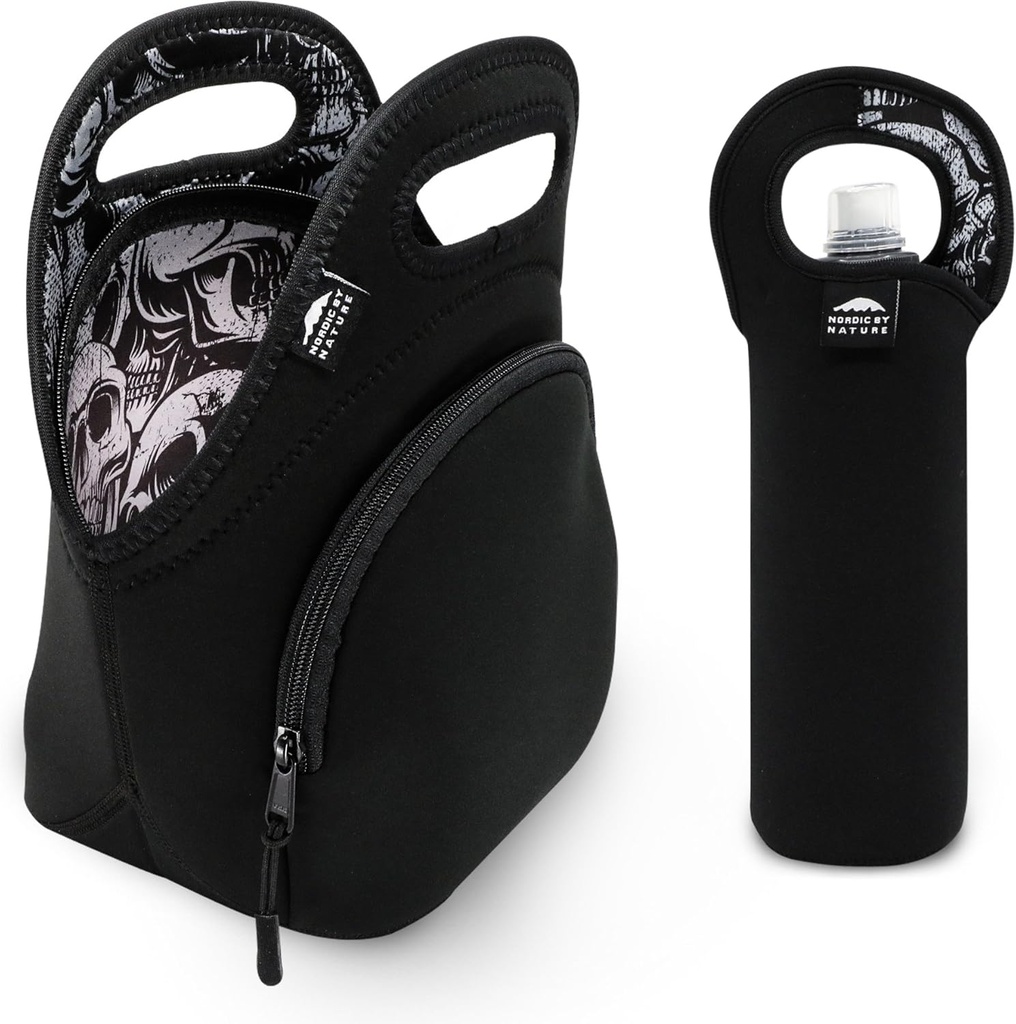 Lunch Bag Set For Women, Men & Kids | Extra Thick 5mm Insulated Neoprene Keeps Your Lunch Box Delicious For Hours | Washable | Water Bottle Sleeve | Extra Pocket | YKK zippers | Skulls