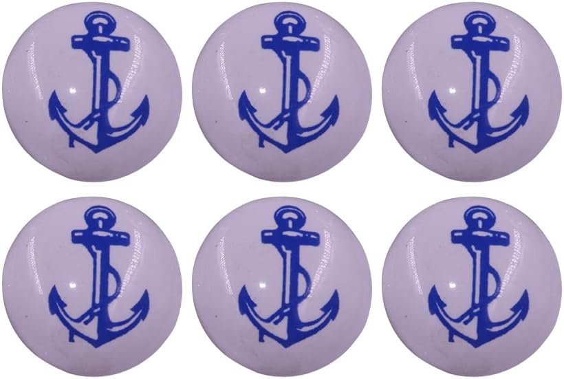 The Metal Magician Cabinet Knobs, Blue Anchor On White Ceramic Aesthetic Kitchen Cabinet & Furniture Knobs (Set of 6)