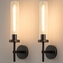 19.5" Knurled Brass Wall Sconces Set of 2, Black Gold Bathroom Vanity Light Fixtures with Clear Glass Tube, Modern Lamp Lighting for Bedroom, Living Room, Hallway, Staircase, Mirror, Kitchen