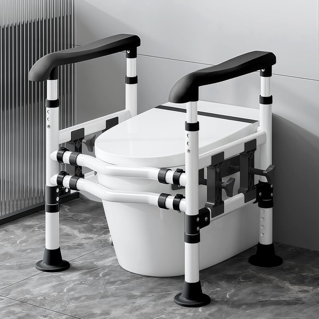 Toilet Safety Rails for Seniors - Adjustable Height & Width Safety Frame with Handrail, Fits Most Toilet Seats, Supports 220lbs, Non-Slip Bathroom Assist Bar for Elderly (Easy Installation)