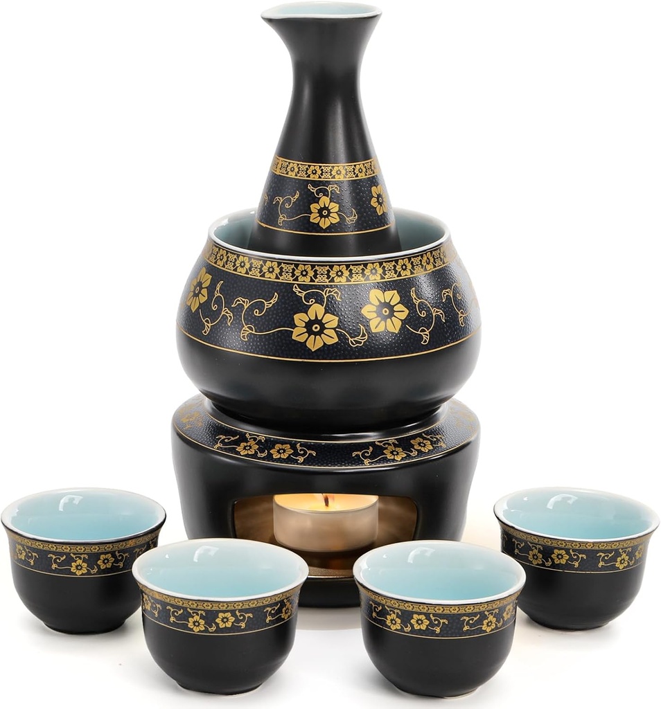 Foraineam Ceramic Sake Set with Warmer Pot, Japanese Style Porcelain Pottery Hot Cold Saki Drink Bottle Stovetop Set, 7 Pieces Set with 1 Candle Stove, 1 Warming Bowl, 1 Sake Bottle, 4 Sake Cups