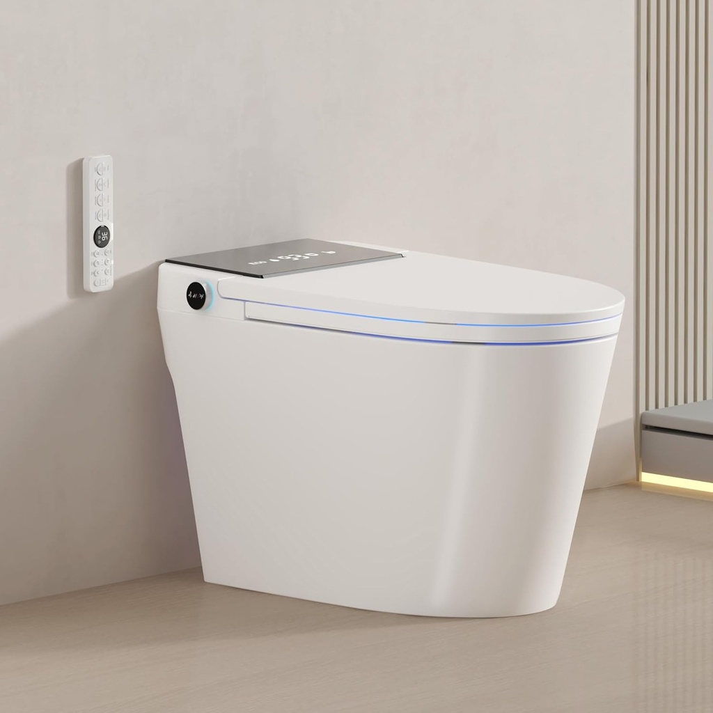 Smart Toilet with Built-In Bidet, Heated Seat, Dual Auto Flush with Foot Sensor, Tankless Design, Warm Water Wash & Dry, Modern Elongated Electric Toilet, LED Display, 1000g MAP, 1.28GPF