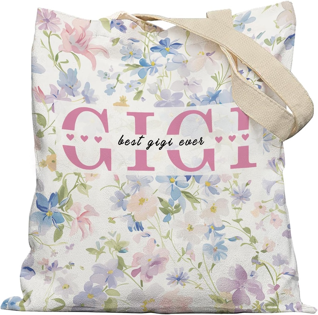 Floral Gigi Tote Bag, Mother's Day Birthday Gifts for Gigi Grandma from Grandkids Grandsons Granddaughters Canvas Tote Bags for Women, Best Grandma Gifts, Reusable Grocery Shopping Bag
