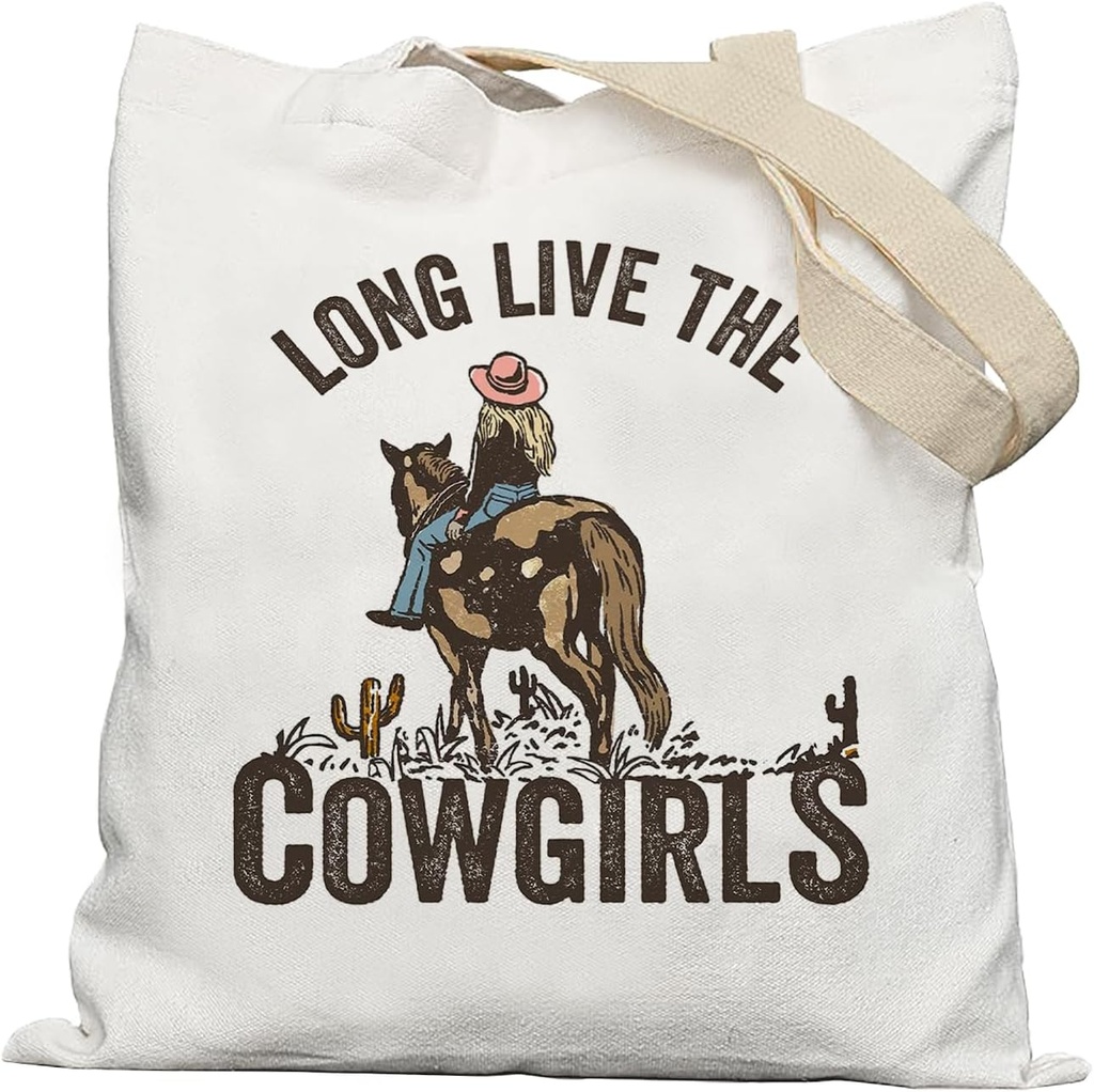 Vintage Western Tote Bag, Canvas Tote for Women, Cowgirl Gifts, Reusable Grocery Bags, White, 15 inches x 13 inches