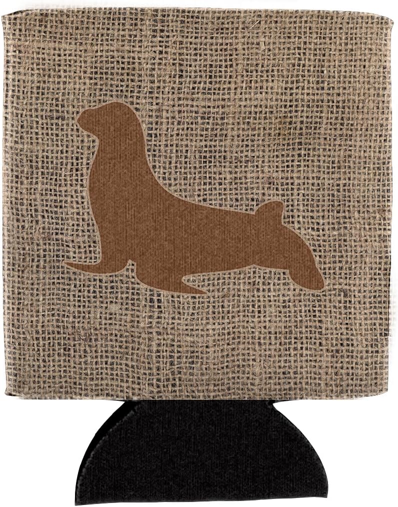 Caroline's Treasures BB1027-BL-BN-CC Seal Burlap and Brown Can or Bottle Hugger Cooler Washable Drink Sleeve Collapsible Beverage Insulated Holder, Can Hugger, Multicolor