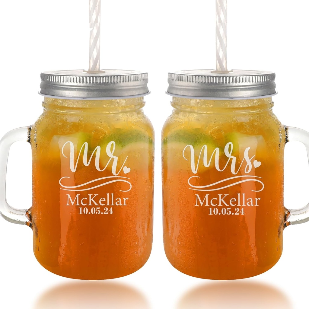 Personalized Mason Jar Drinking Glasses Bulk, 16 oz Custom Wedding Glasses with Handles for Anniversaries Groom Bride，Wedding Gifts for Guests (Mr.Mrs-2Pack)