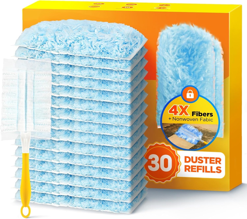 30 Count Duster Refill for Swiffer Duster with 1 Handle, One-Sided Disposable Dusters Refills with 4X Microfibers, Unscented Dusters for Cleaning Home, Furniture, Blinds & Vent