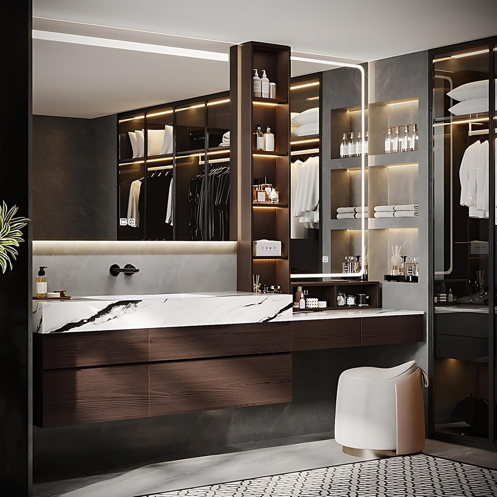 Bathroom Vanity with Sink - Luxury Bathroom Sink Cabinet, Floating Vanity with Smart Defogging Mirror & Storage Drawer, Multi-Layer Solid Wood Panel - Complete Accessories (72")