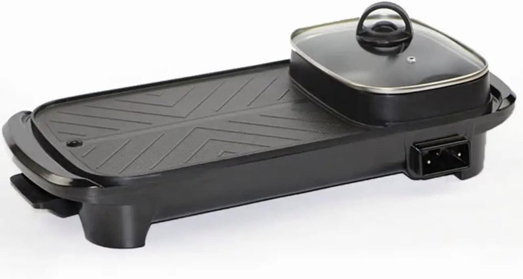 Electric 2 in 1 Grill with Shabu Shabu Hot Pot. Multifunctional Indoor Teppanyaki Korean BBQ Capacity for 2-4 People