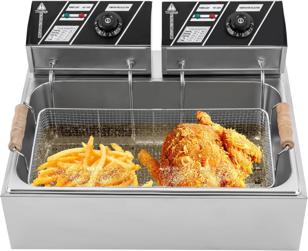 Commercial Deep Fryer, 3400W Electric Deep Fryers with 2x6.35QT Baskets and 12.7QT Basket, Stainless Steel Countertop Oil Fryer with Temperature Limiter for Restaurant or Home