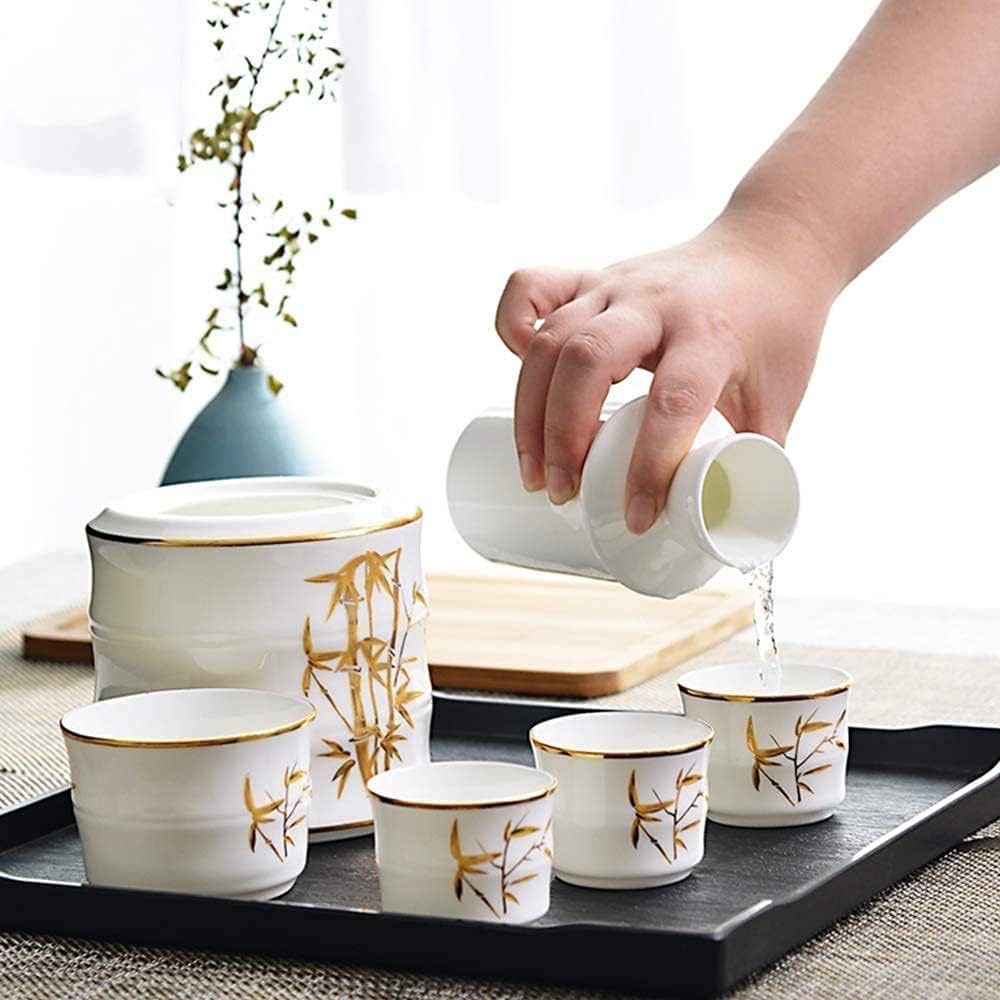 Set da 6 pezzi per Sake, Set di bicchieri da vino in Bone China con pentola scaldavivande e scatole Regalo, Design con Motivo bambù dorato, per Set da Sake tradizionale Dipinto a Mano Freddo
