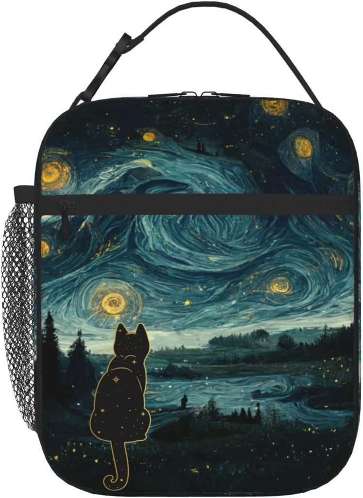 DEKIFNHG Black Cat Starry Night Insulated Lunch Box Portable Lunch Bag with Detachable Handle,Reusable Lunchbox for Boys Girls Men Women