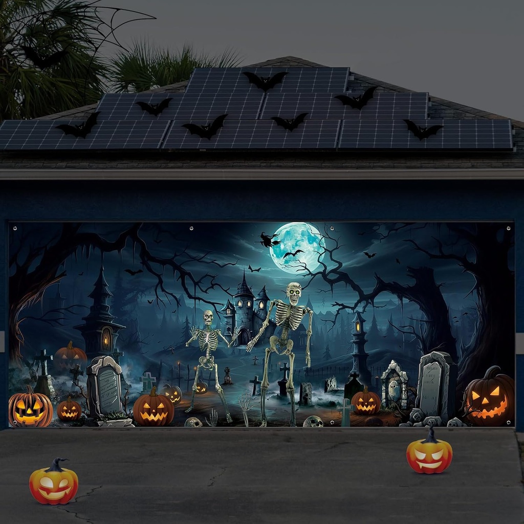 Blosssound 7x16 FT Halloween Garage Door Cover Spooky Graveyard Scene with Skeletons, Pumpkins & Haunted Buildings Outdoor Scary Backdrop Decoration for Yard, Porch, Party, Photo Booth
