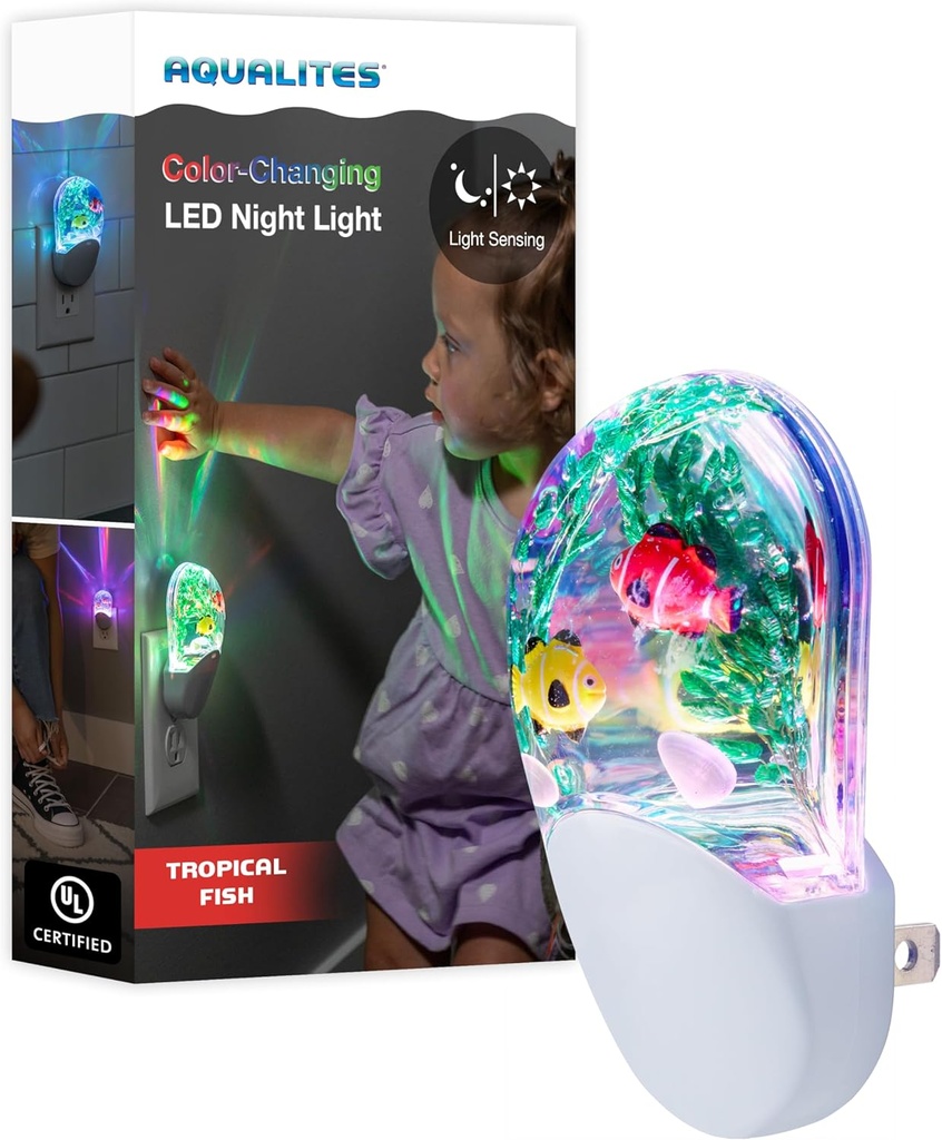 Lights By Night Tropical Aqualites LED Night, Plug-in, Color Changing, Light Sensing, Auto On/Off, for Kids, Under the sea, Fish, Bedroom, Bathroom, Playroom, 10908