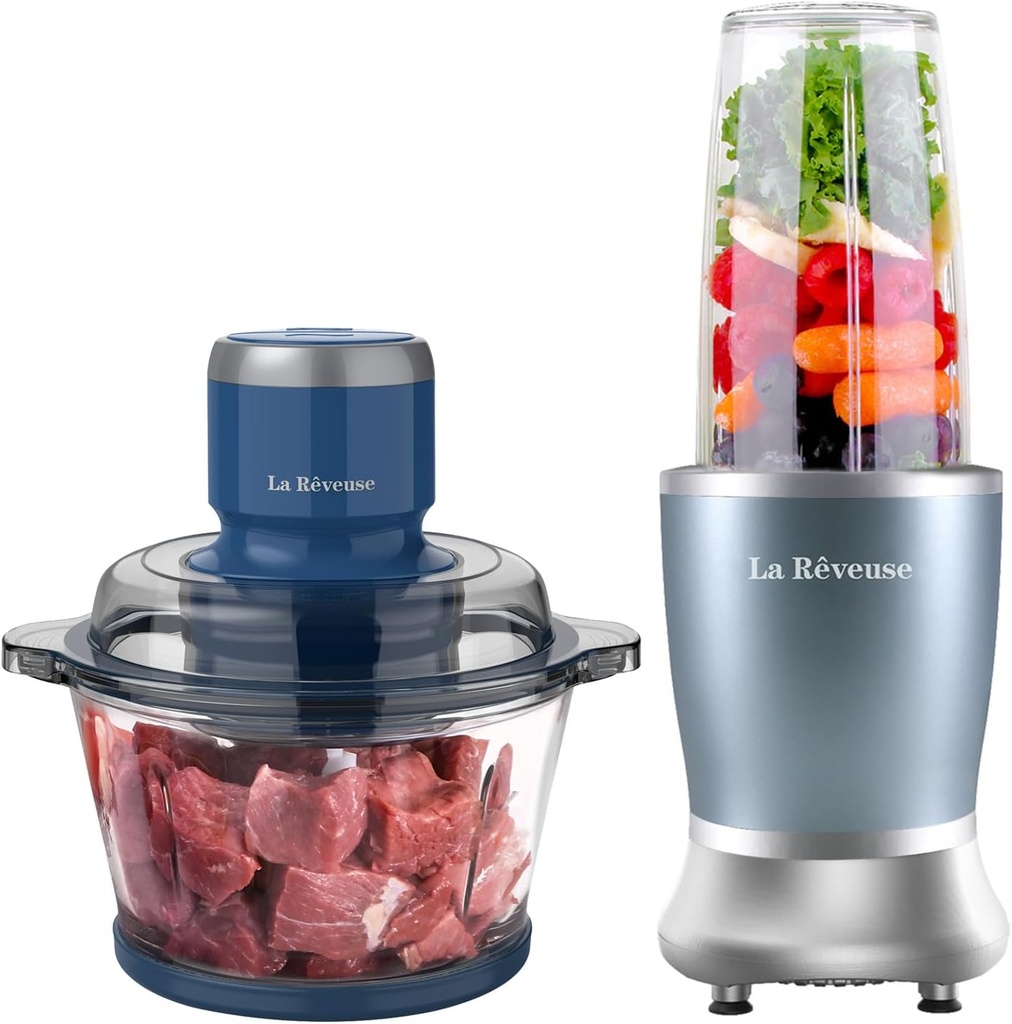 La Reveuse Food Chopper with 7-Cup Glass Bowl + La Reveuse 250W Personal Size Blender
