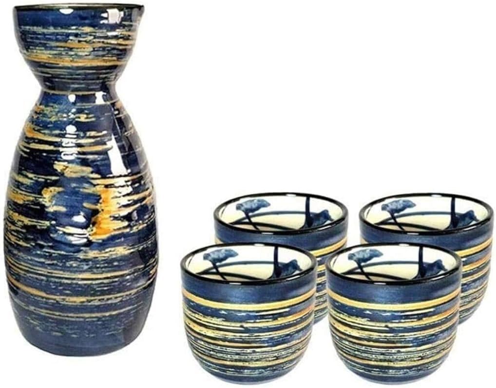 Sake Set Japanese Sake Cup Set Japanese Traditional Hand Painted Sake Set, Brushed Blue Wine Set, Porcelain Pottery Ceramic Cups Crafts Wine Glasses, 5 Piece Sake Pot Set