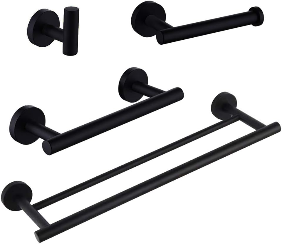 SUS 304 Stainless Steel Bathroom Hardware Set Matte Black 4 Pieces Bathroom Hardware Accessories Sets Wall Mounted Double Towel Bar Towel Holder Hook Toilet Paper Holder AG1102C(45)01C(30.5)C5C7B-4BK