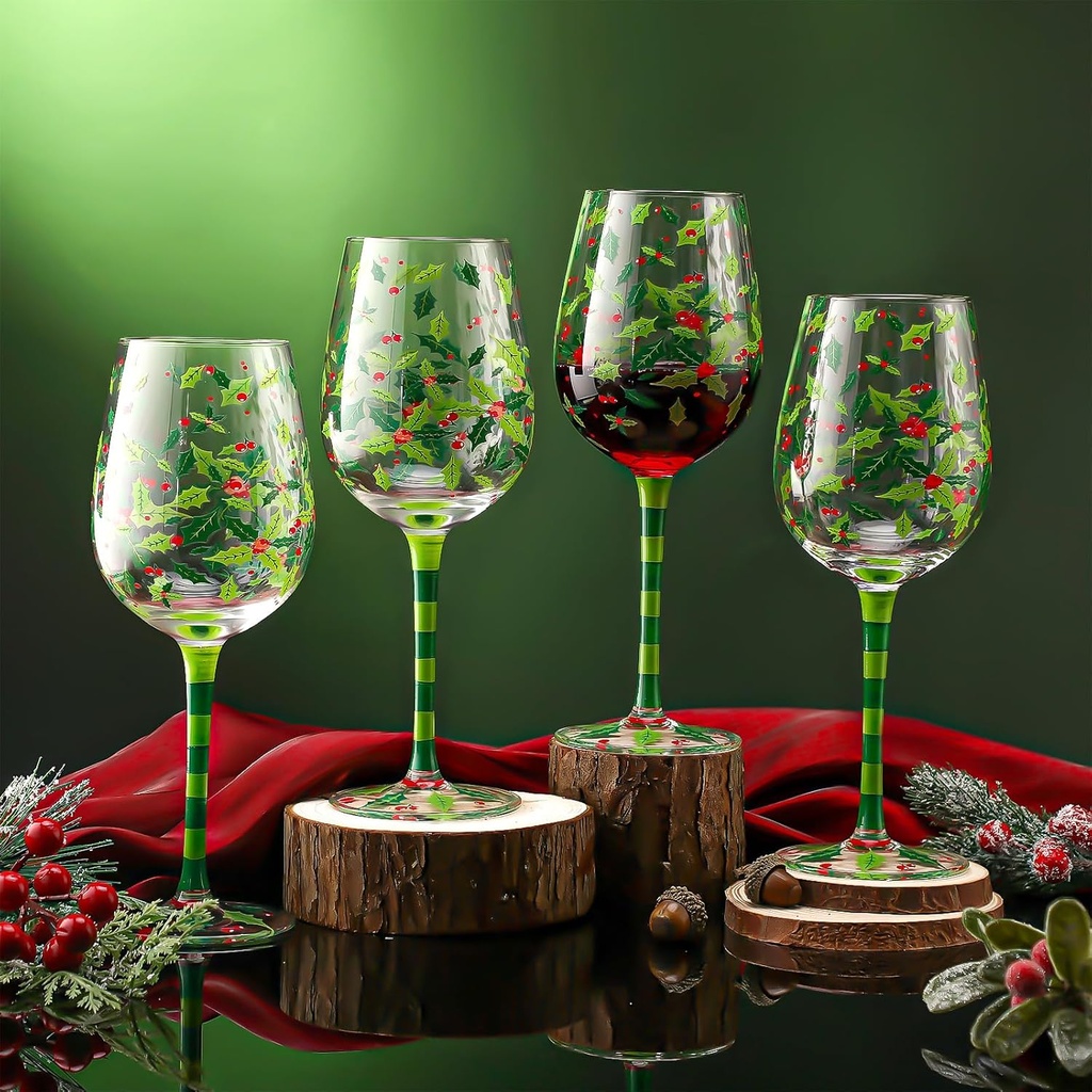 4 Pcs Christmas Holly Berry Party Stemmed Wine Glasses Hand Painted Drinking Cup Wine Glasses Gifts for Birthday Theme Holiday Party Supplies