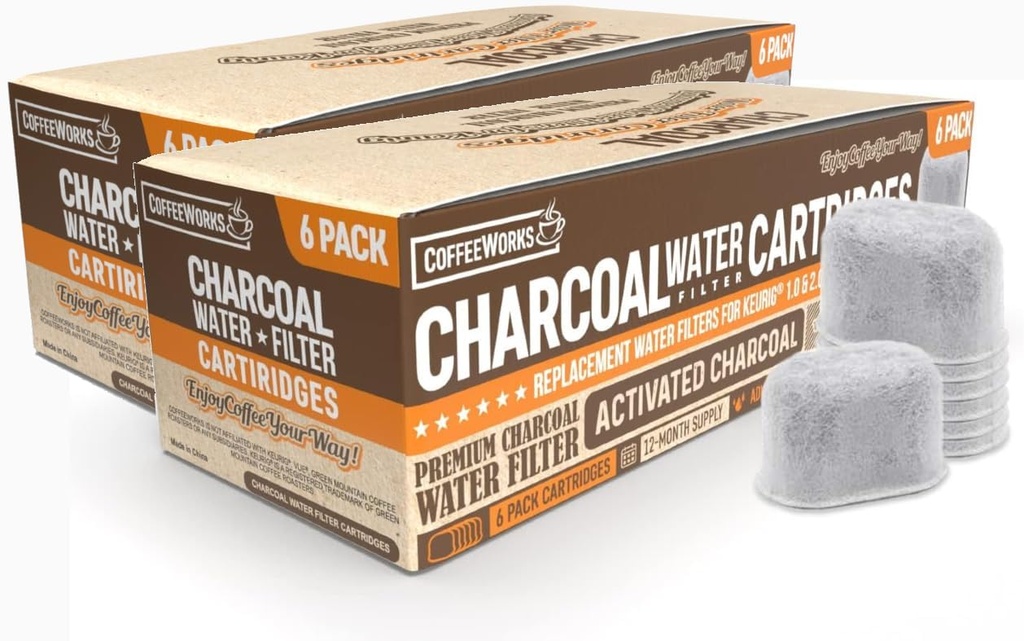 Charcoal Water Filter Refill Cartridges for Keurig Coffee Machines - Universal Fit Replacement Filters Compatible with Keurig K-Cup Pod 2.0 and 1.0 Classic Coffee Brewers (12)