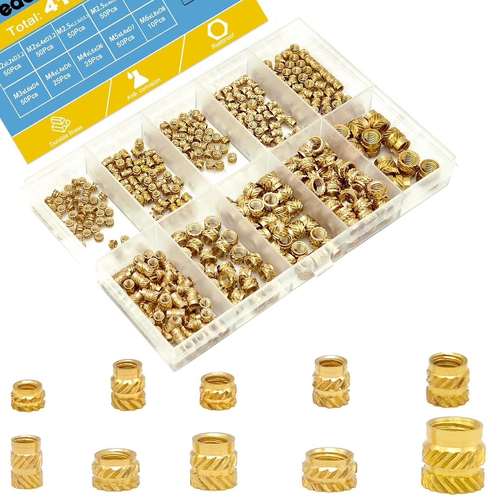 410Pcs M2 M2.5 M3 M4 M5 M6 Threaded Inserts Assortment Kit for 3D Printing Components,Female Thread Metric Brass Knurled Nuts,Insert by Heat into Plastic Parts