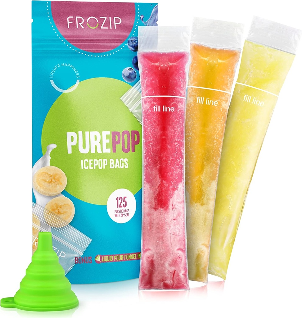 125 Disposable Ice Popsicle Mold Bags| BPA Free Freezer Tubes With Zip Seals | For Healthy Snacks, Yogurt Sticks, Juice & Fruit Smoothies, Ice Candy Pops| Comes With A Funnel (8x2")