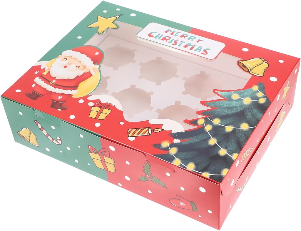 Gatuida 12pieces Christmas Cupcake Box Festive Prints Slot Holder for Treats for Gifting Chocolates and Pastries Easy to Assemble Holiday Packaging