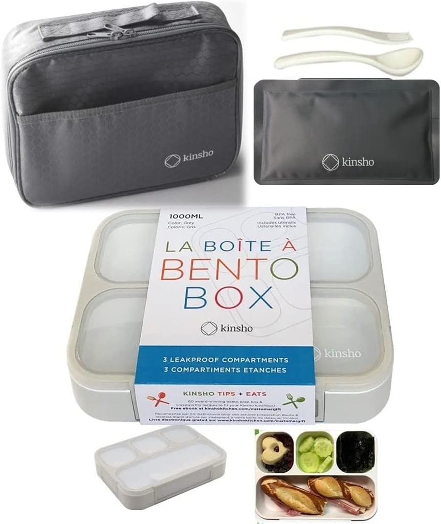 Bento-Box with Lunch Bag and Ice Pack Set. Containers for Kids Adults Boys Girls Snacks and Lunches. 4 Compartments, Divided Portion Container Boxes with Insulated Bags for School, Grey