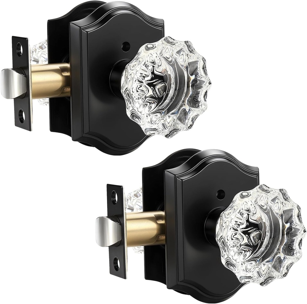 KNOBWELL Glass Door Knobs Interior, Vintage Privacy Crystal Door Knobs for Bedroom &Bathroom, Matte Black Door Locksets, Push Pin Button Inside Lock, 2 Pack