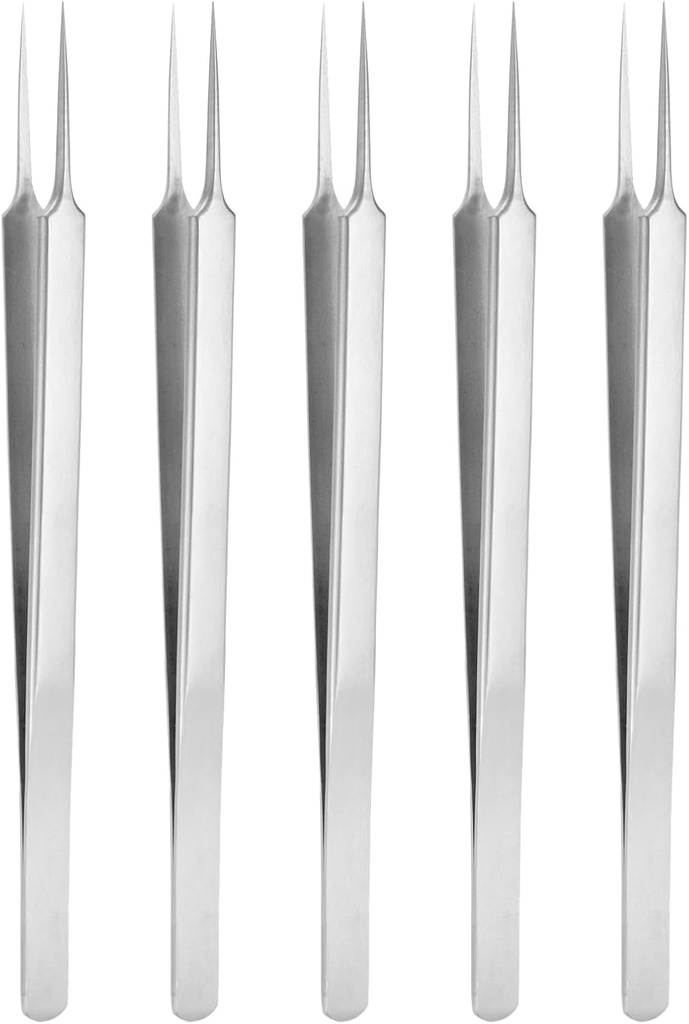 HARFINGTON 5pcs Stainless Steel Precision Tweezers 6.3 Inch Long Handle Pointed Tip Tweezers Multi Purpose for Craft Industrial Work Laboratory Use, Silver