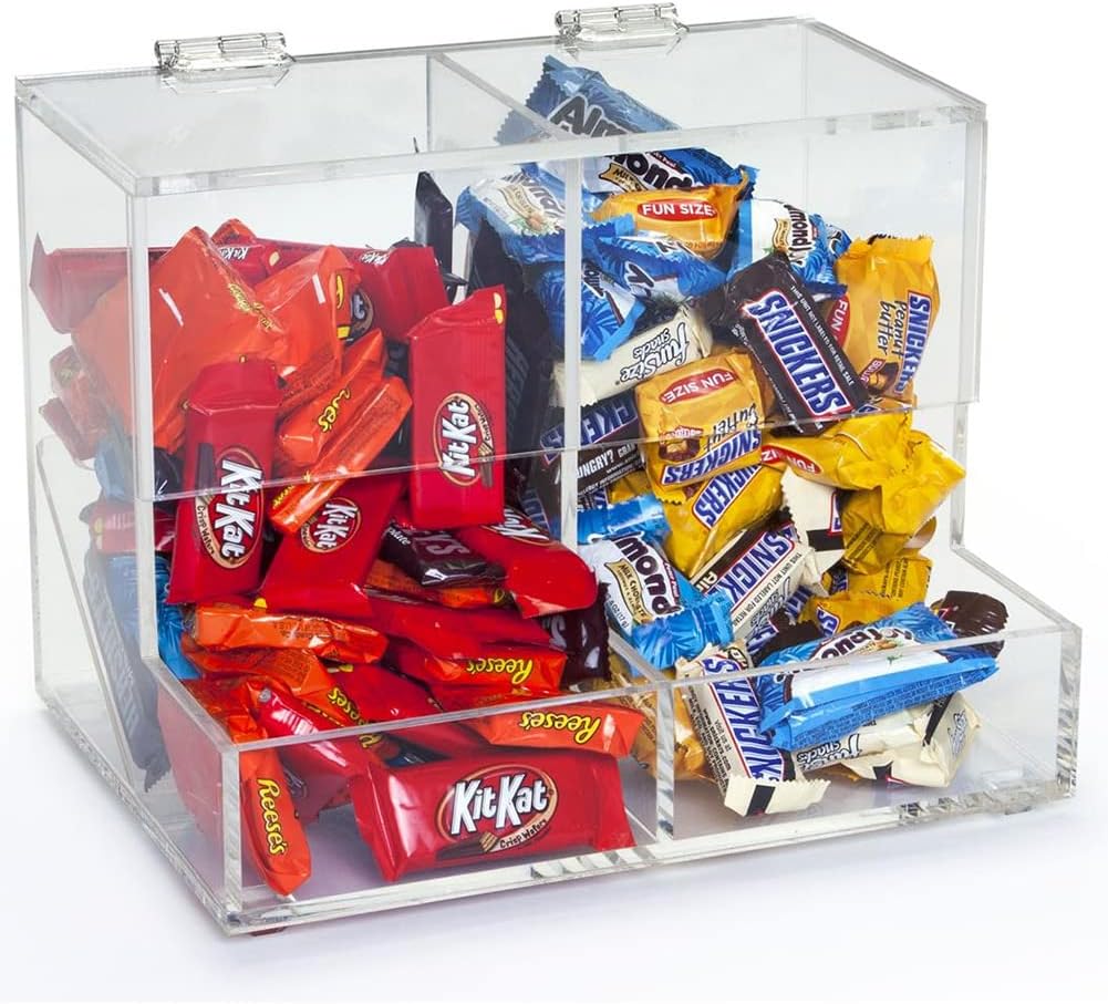 OnDisplay Acrylic 2 Compartment Retail Store Candy Dispenser - Flip Top Storage Bin - Office/Home/Retail Store Display Organizer