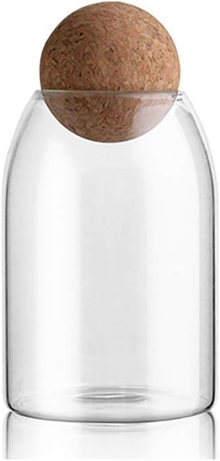 800ML/27Oz Clear Glass Storage Cute Canister Holder Ball Wood Cork Top, Modern Decorative Cylinder Container Jar with Round Lid for Coffee, Spice, Candy, Salt, Cookie Cool Terrarium Bottle
