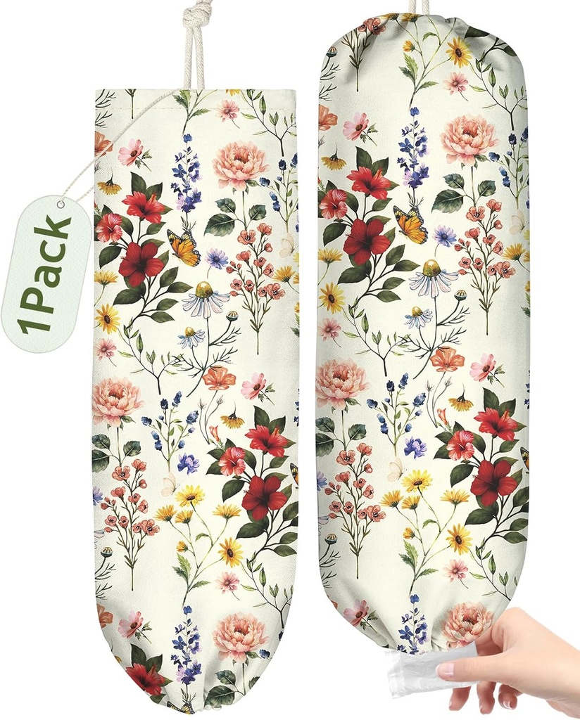 Plastic Bag Holder, Grocery Bag Organizer - 1 Pack Cute Kitchen Dispenser Holders Reusable Shopping Western Hanging Wall with Adjustment Drawstring Closure for Women Home, Floral