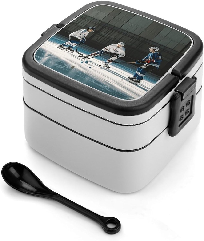 Stackable Double-Layer Bento Box Ice Hockey Adults Lunchbox With Spoon Cute Japanese Bento Box Dishwasher Safe for Work Travel Dining Outc