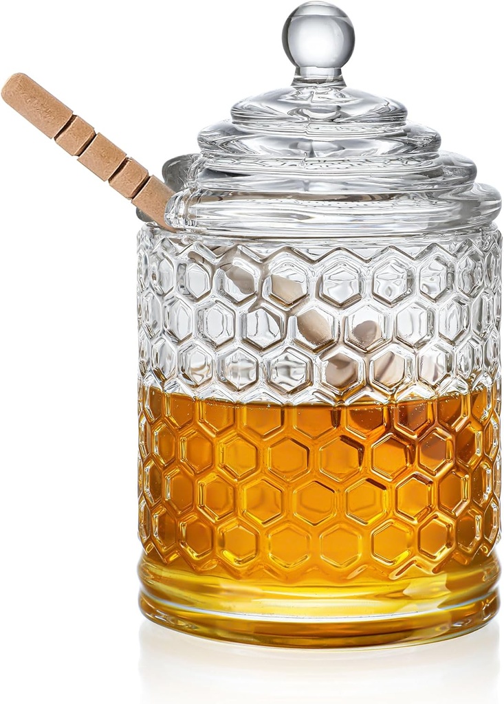 kanpura Clear Crystal Honey Pot with Dipper and Lid Glass Honey Jar with Dispenser Honey Holder and Syrup Container for Home Kitchen,9 oz