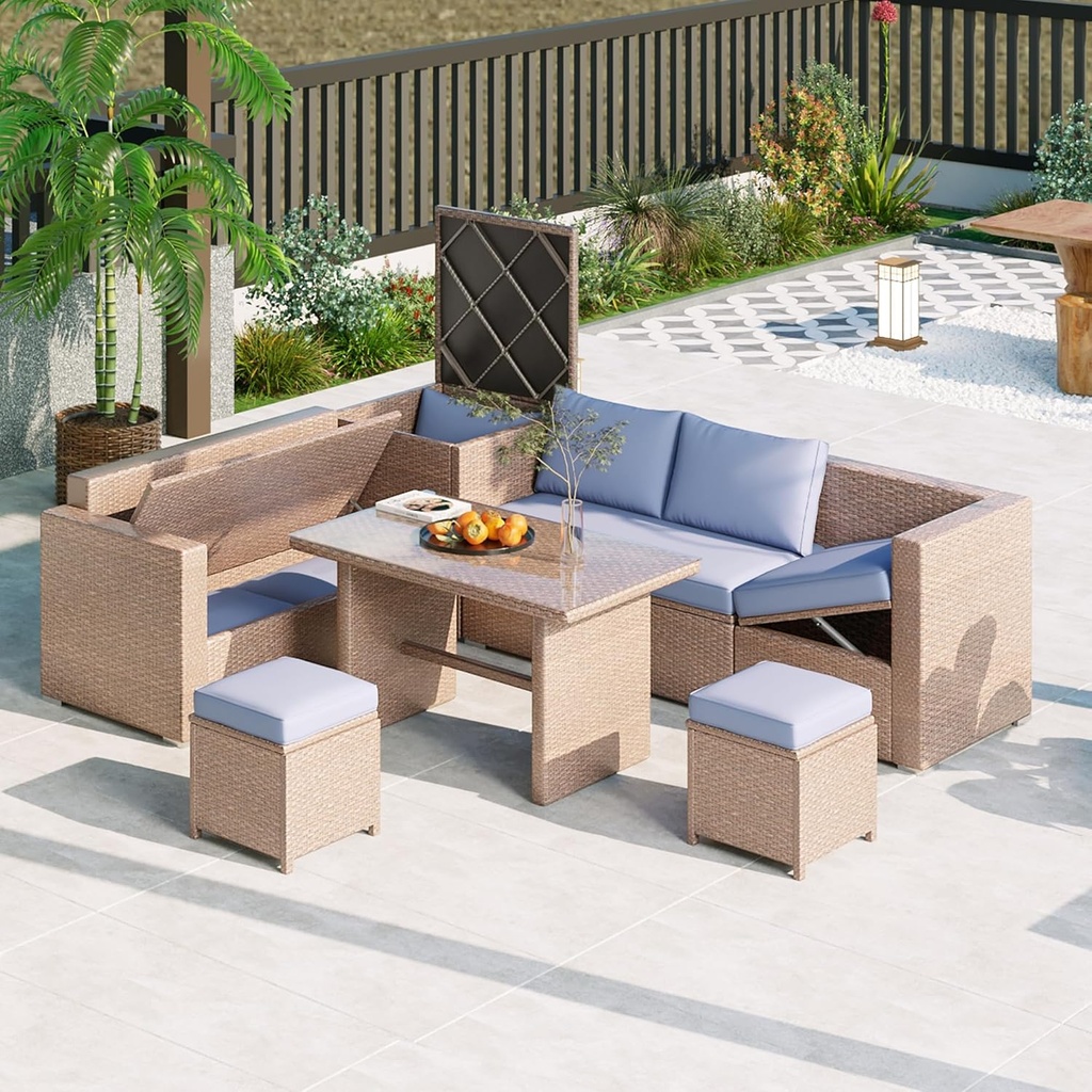 6-Piece Outdoor Patio Rattan Furniture Set, Wicker Sectional Conversation Set Sofa Set with Adjustable Seat, Openable Seat and Storage Box, Modular Seating Groups Combination Outdoor Set (Blue)