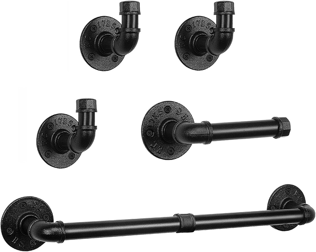 NearMoon 5-Pieces Industrial Pipe Bathroom Hardware Set, Include 18 Inch Towel Bar, Toilet Paper Holder and 3 Robe Hooks, Heavy Duty DIY Style Wall Mounted Rustic Decor Accessories Kit (Black)