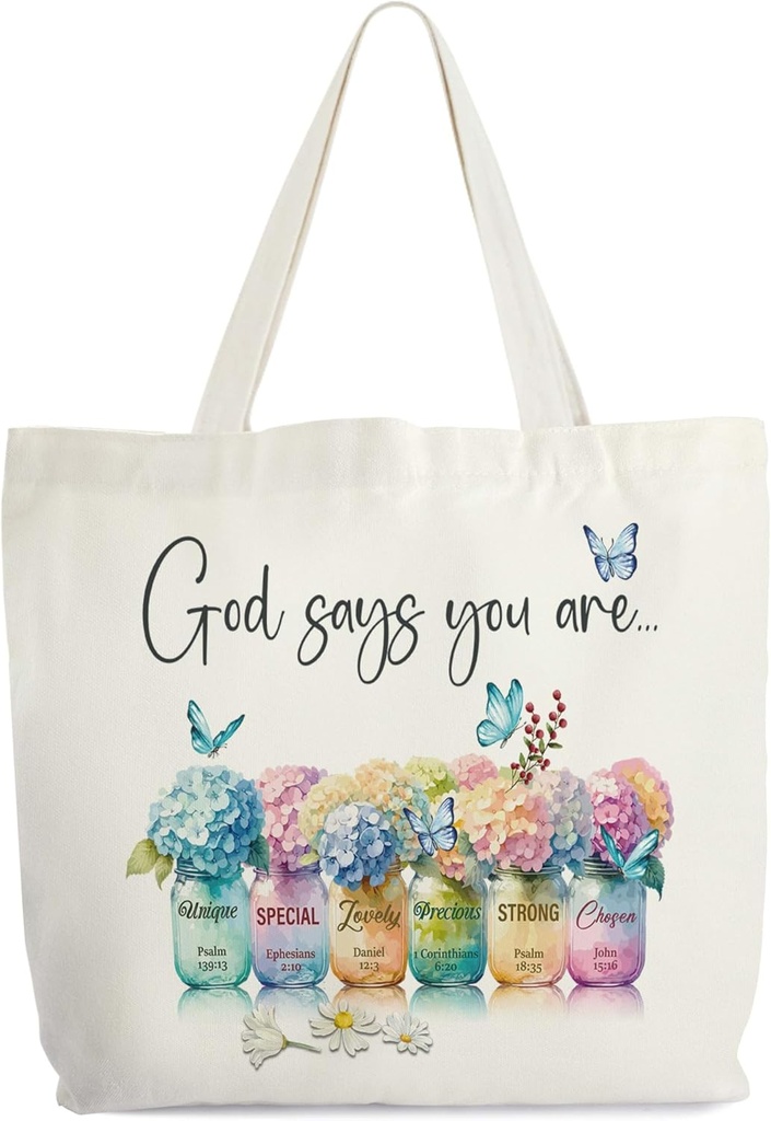 Inspirational Christian Canvas Tote for Women - God Says You Are Unique Bible Verse Religious Gift, Floral Library Book Shoulder Bag for Friends Colleagues