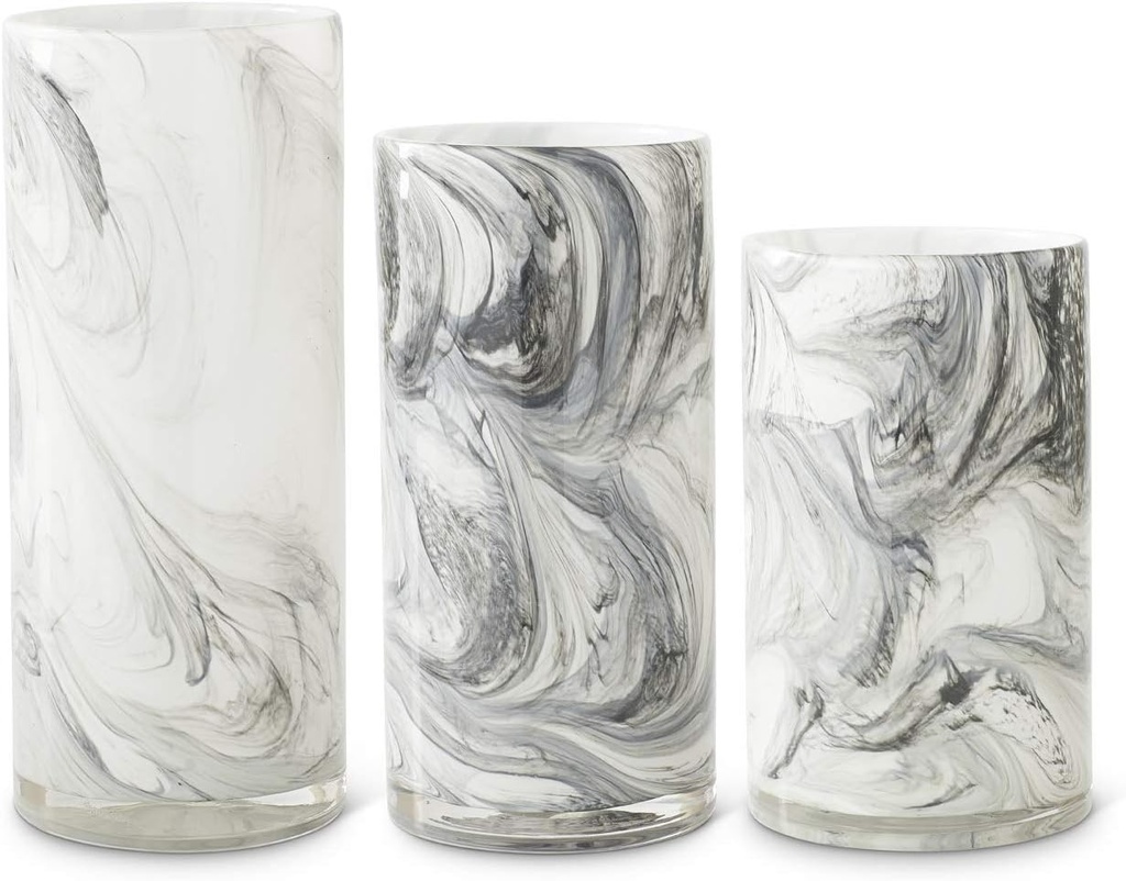 K&K Interiors 16554A Set of 3 White & Smokey Swirl Glass Cylinders (Grad Sizes), White and Smokey Black