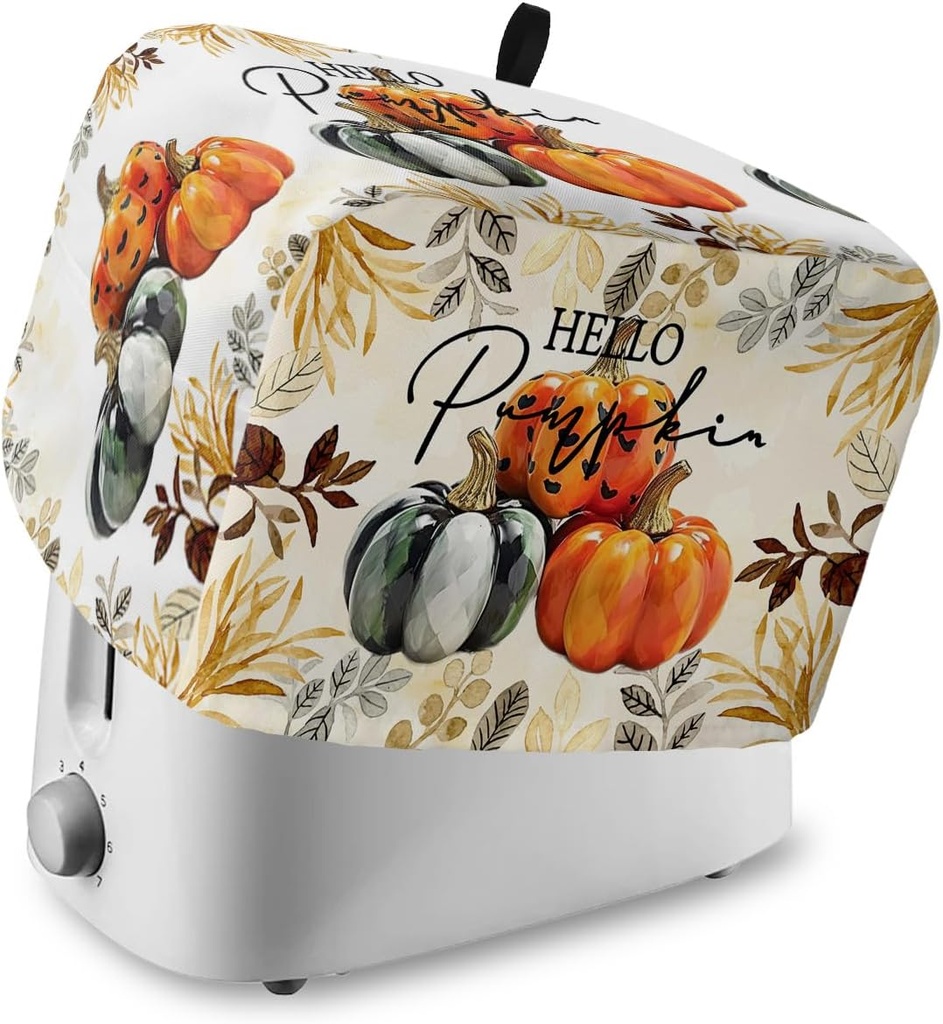 Fall Toaster Cover with Pockets Hello Pumpkin 4 Slice Toaster Oven Covers for Kitchen, Autumn Leaf Dust Cover for Small Appliance Cover and Fingerprint Protection, Thanksgiving Bread Machine Cover