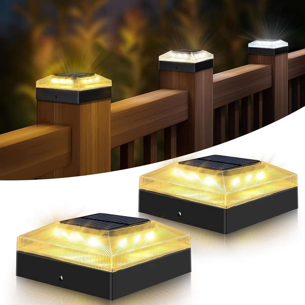 4x4 Solar Post Cap Lights Outdoor – 2 Pack Fence Post Light with 3 Color Modes, Waterproof Black Solar Powered Deck Lights for Wooden/Vinyl Posts Top, Garden