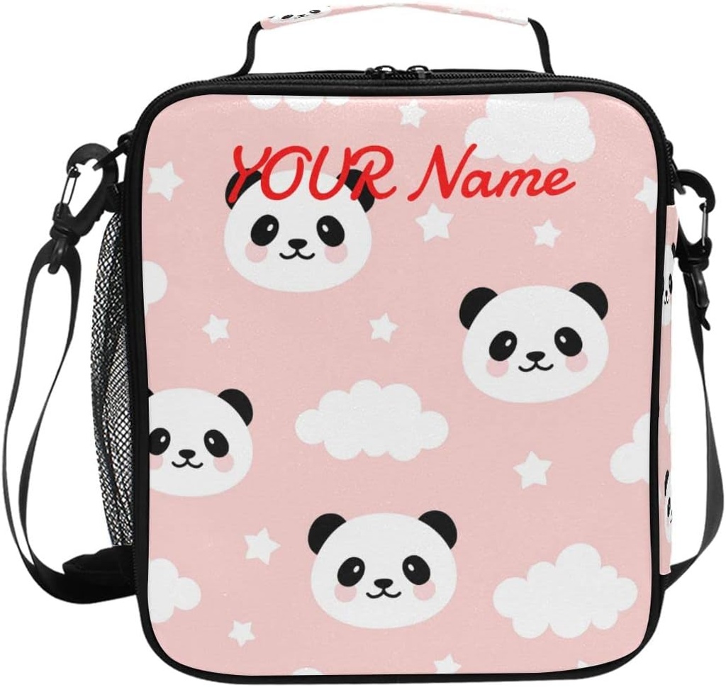 Personalized Name Lunch Boxes for Kids Girls Panda Customized School Lunchbox Bag Insulated with Shoulder Strap,Cute Panda with Clouds,Lb260