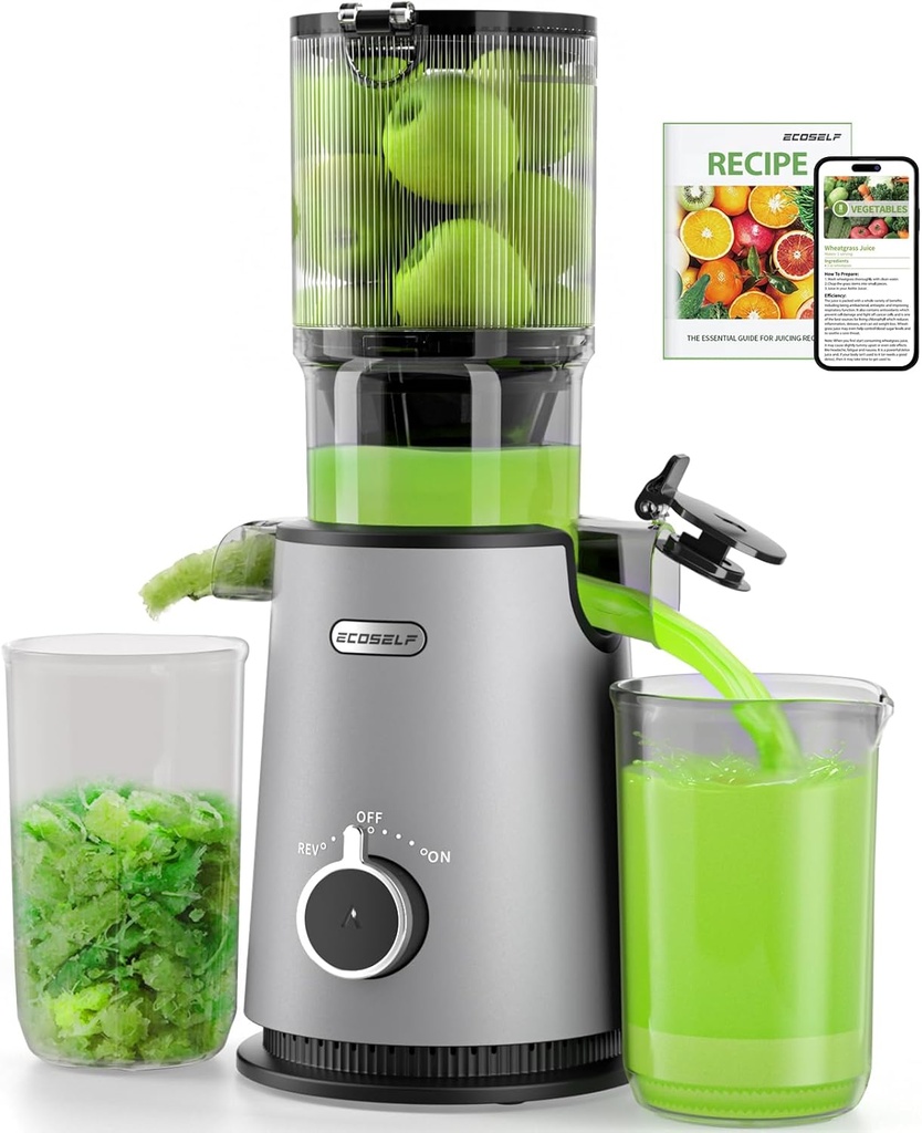 Cold Press Juicer, ECOSELF Juicer Machines with Large Feed Chute Fit Whole Fruits & Vegetables, Self Feeding for Juice Extractor Machine, Easy to Clean and Assemble, High Juice Yield