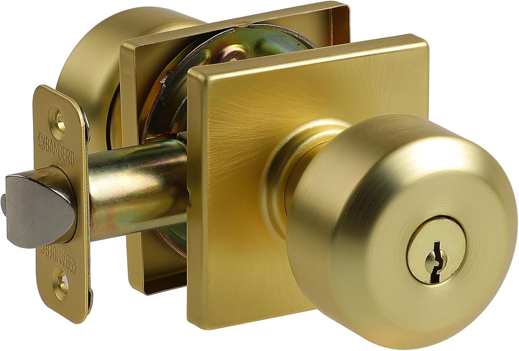 Bamberg 700SQ Privacy Door Knob with Key, Interior/Exterior Door Knob for Bedroom, Bathroom, Front Door, Left or Right Doorknob with Lock (Gold, 1-Pack)